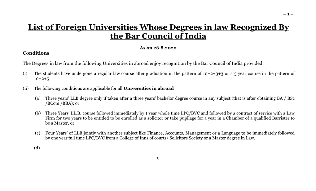 List of Foreign Universities Whose Degrees in Law Recognized by the Bar Council of India