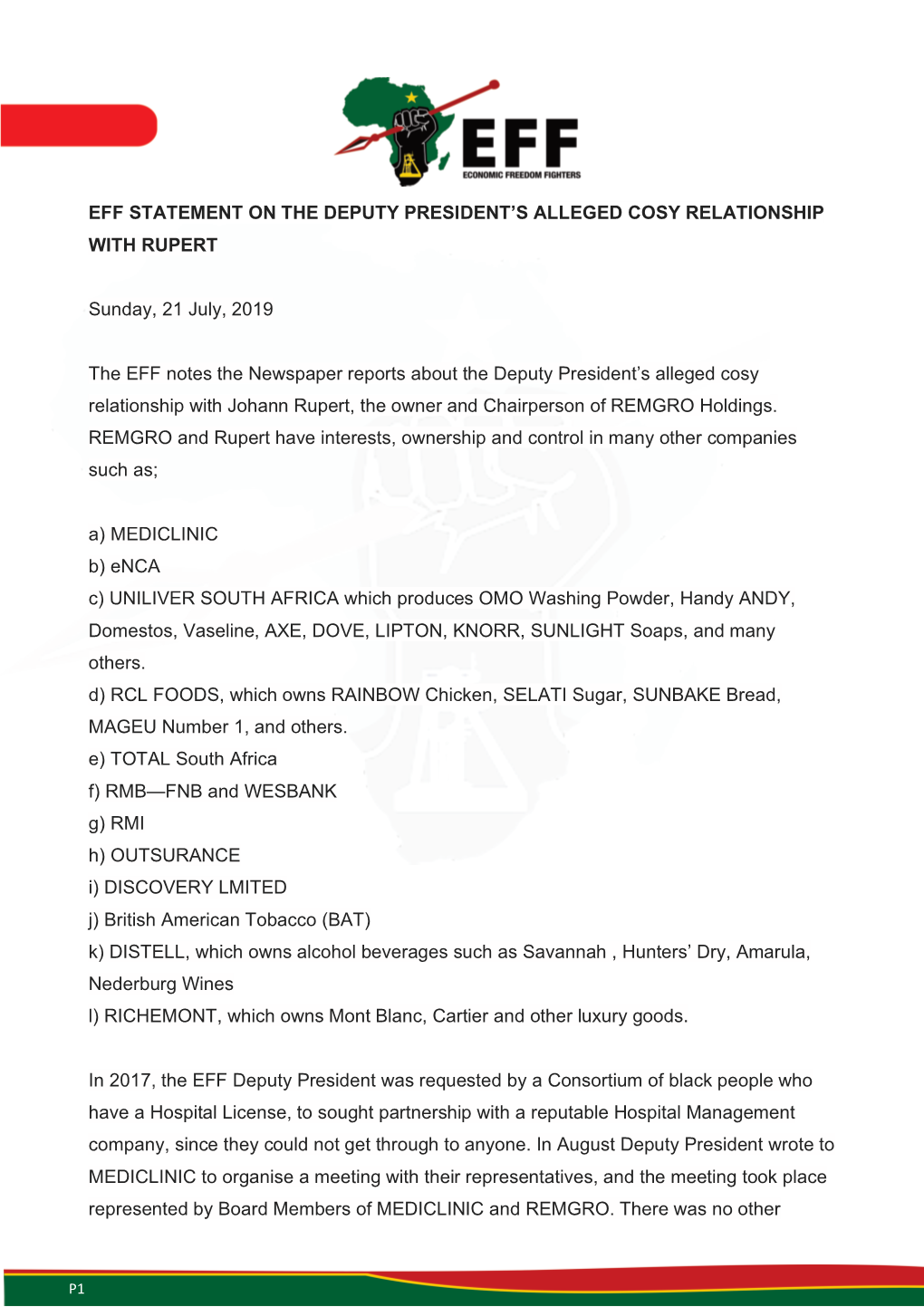 Eff Statement on the Deputy President's Alleged Cosy