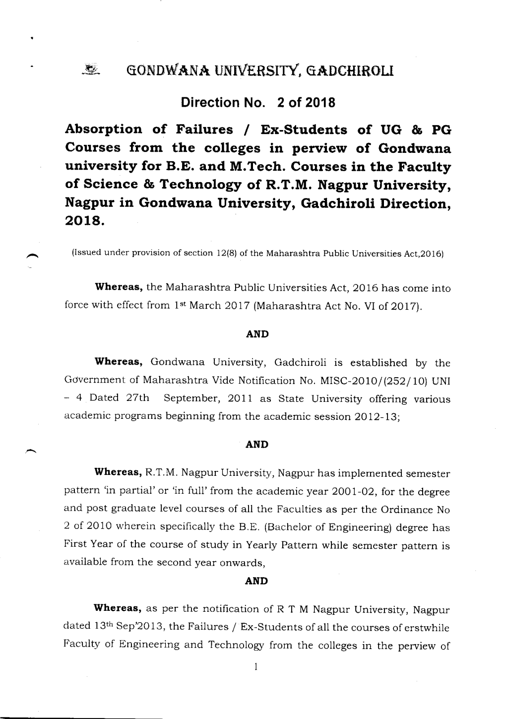 Absorption of Failures / Ex-Students of UG & PG Courses from the Colleges in Perview of Gondwana University for B.E