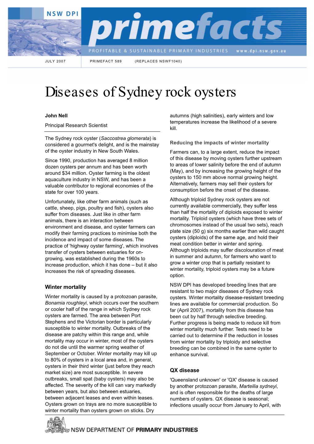 Diseases of Sydney Rock Oysters