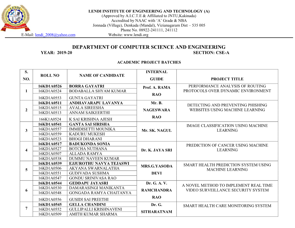 Department of Computer Science and Engineering Year: 2019-20 Section: Cse-A