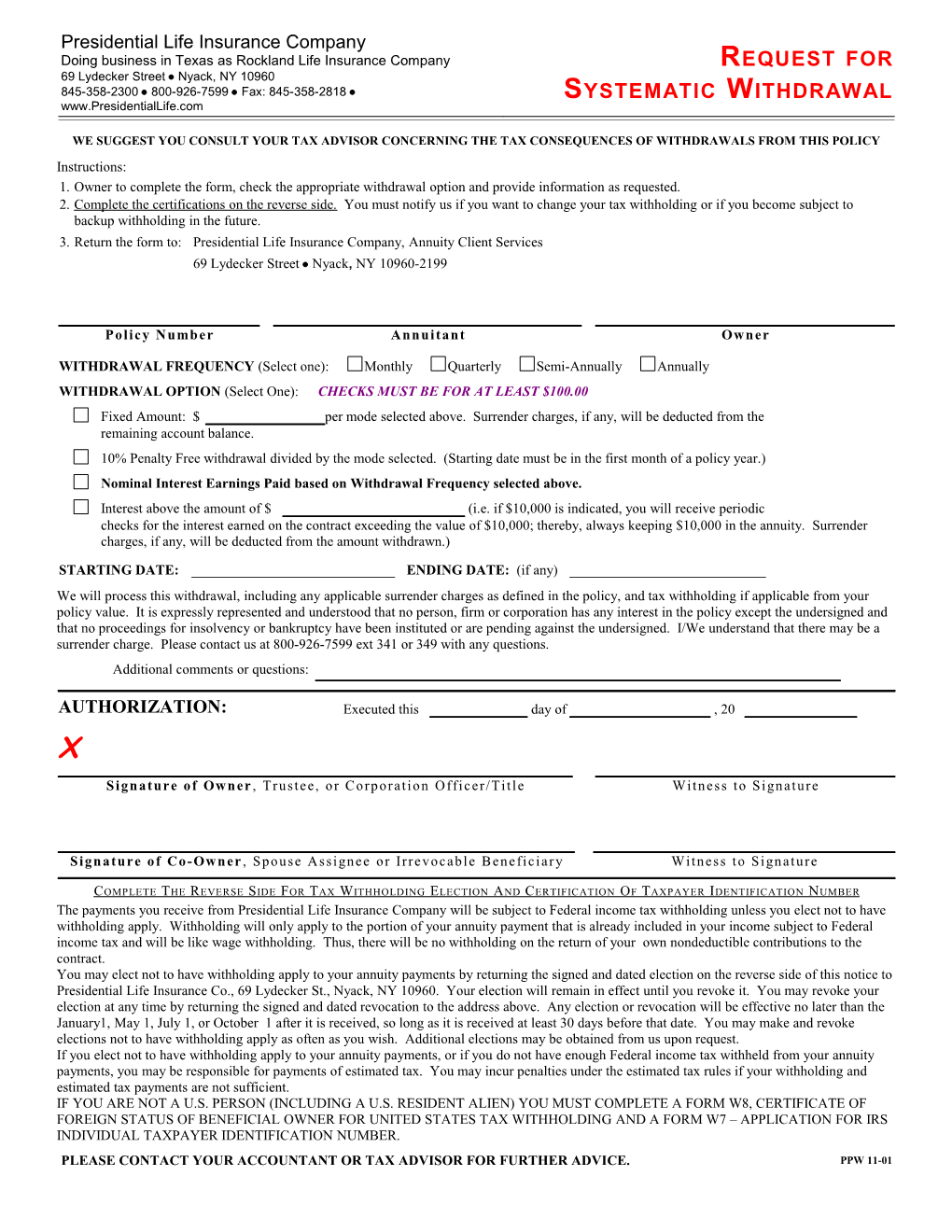 Request for Systematic Withdrawal Presidential Life Insurance Company