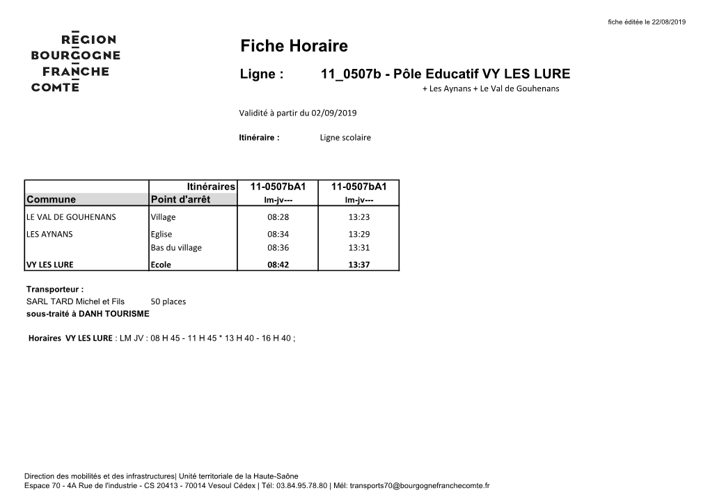 Fiche Horaire Ligne : 11 0507B - Pôle Educatif VY LES LURE + Les Aynans + Le Val De Gouhenans