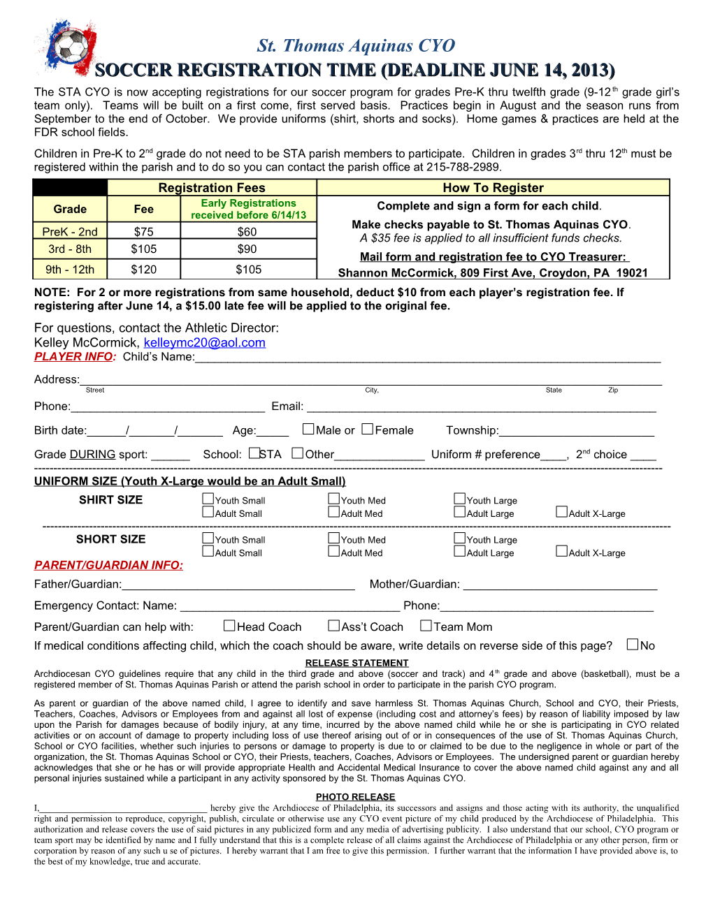 Soccer Registration Time (Deadline June 14, 2013)