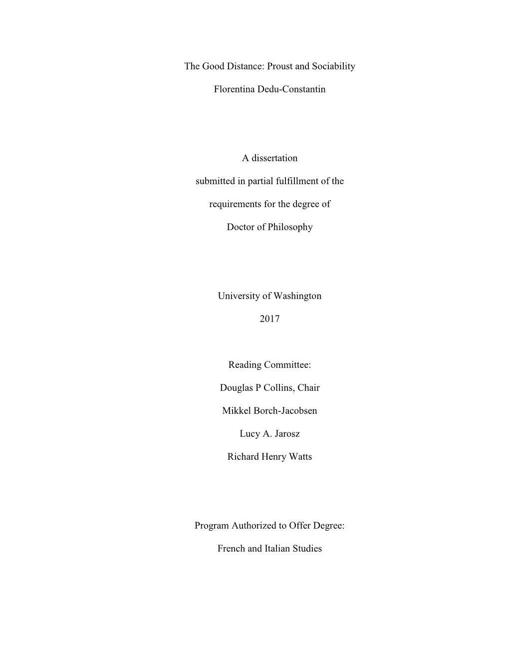 Proust and Sociability Florentina Dedu-Constantin a Dissertation