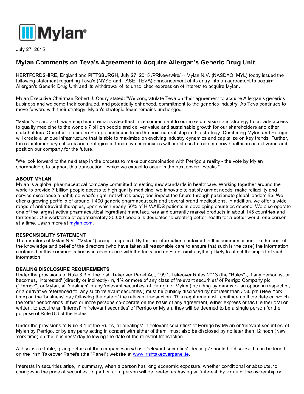 Mylan Comments on Teva's Agreement to Acquire Allergan's Generic Drug Unit