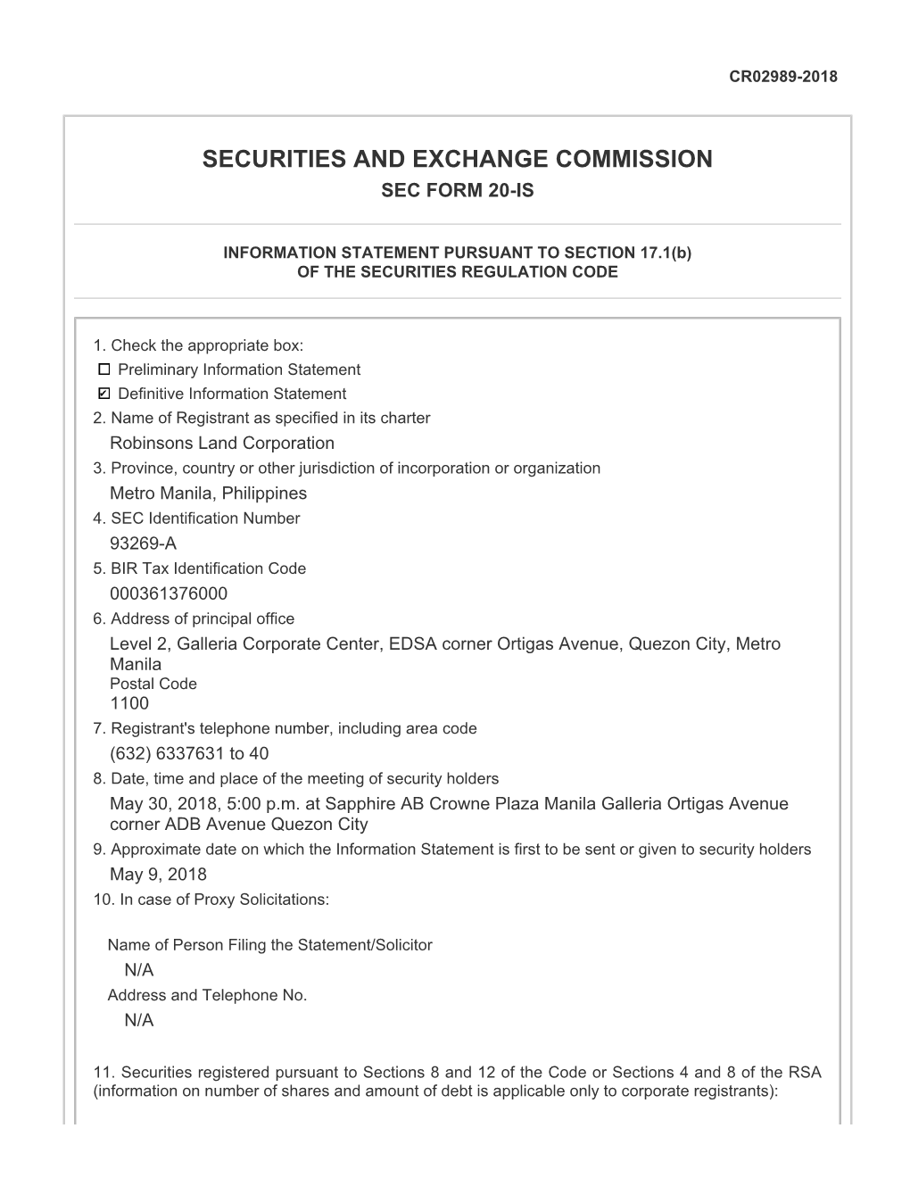 Securities and Exchange Commission Sec Form 20-Is