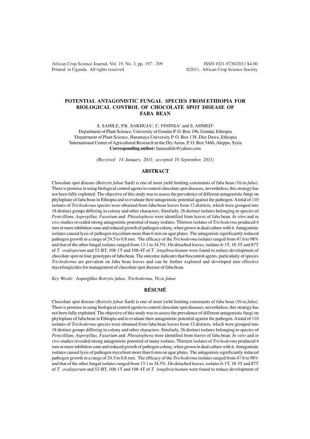 Potential Antagonistic Fungal Species from Ethiopia for Biological Control of Chocolate Spot Disease of Faba Bean