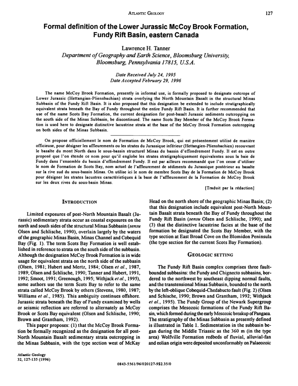 Formal Definition of the Lower Jurassic Mccoy Brook Formation, Fundy Rift Basin, Eastern Canada