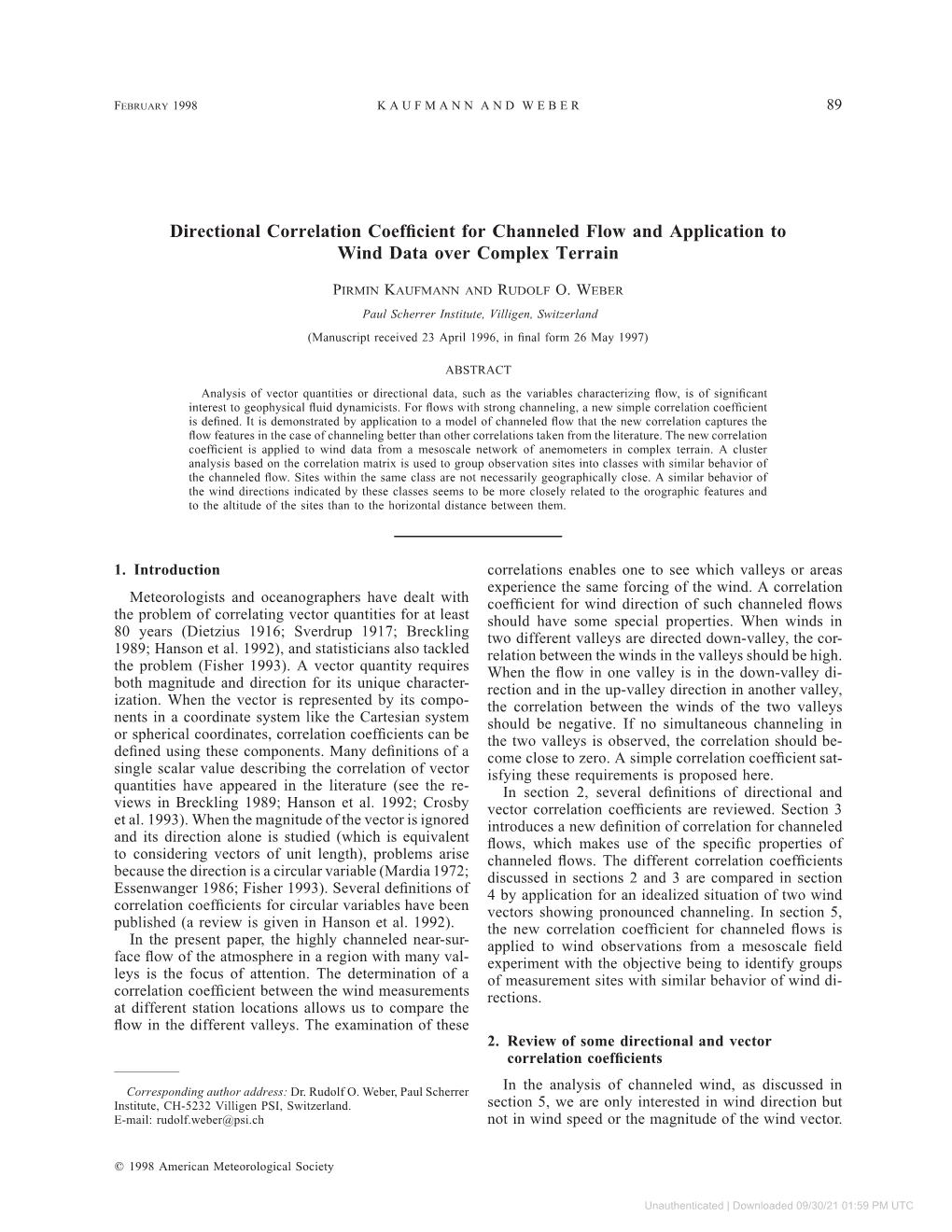 Directional Correlation Coefficient for Channeled Flow and Application To