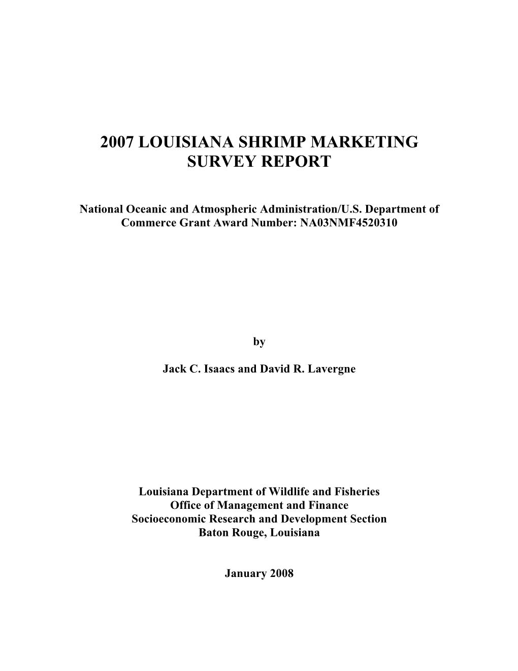 2007 Louisiana Shrimp Marketing Survey Report