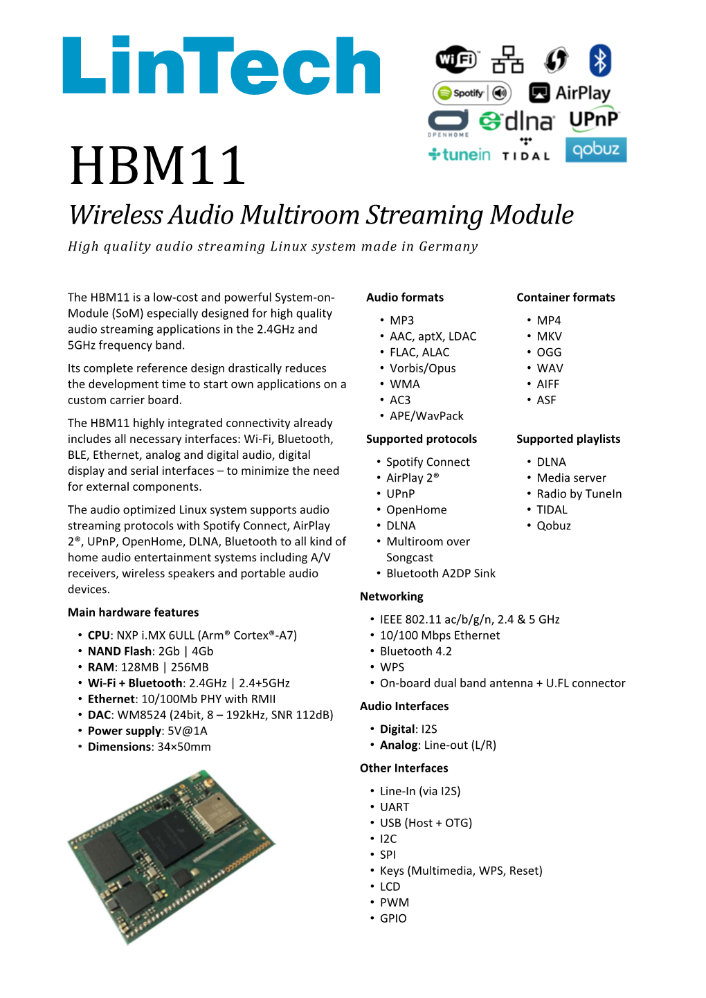 HBM11 Wireless Audio Multiroom Streaming Module High Quality Audio Streaming Linux System Made in Germany