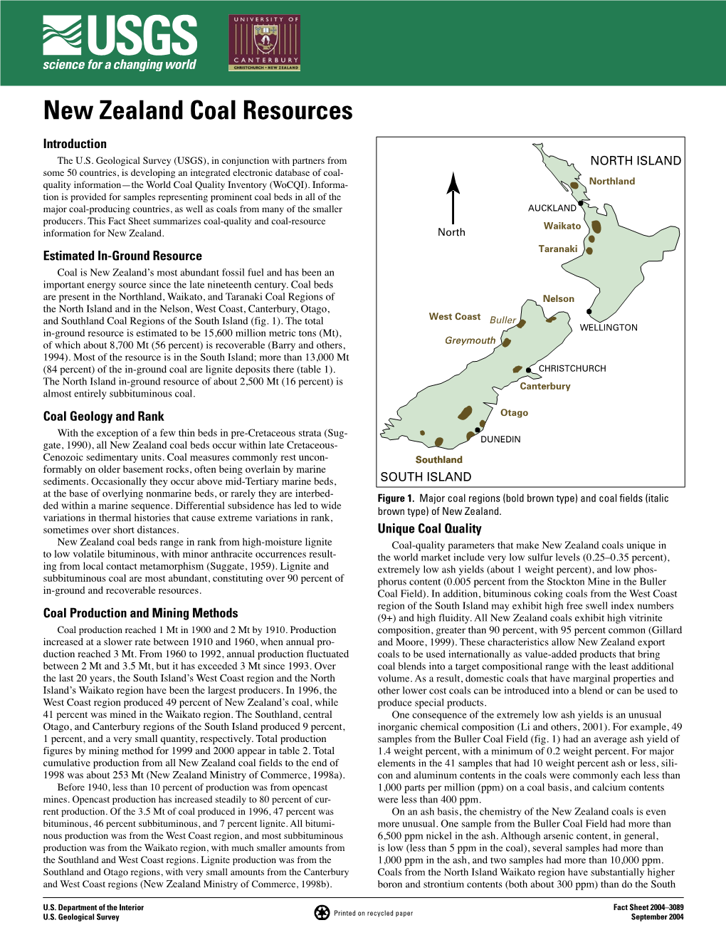 New Zealand Coal Resources Introduction the U.S