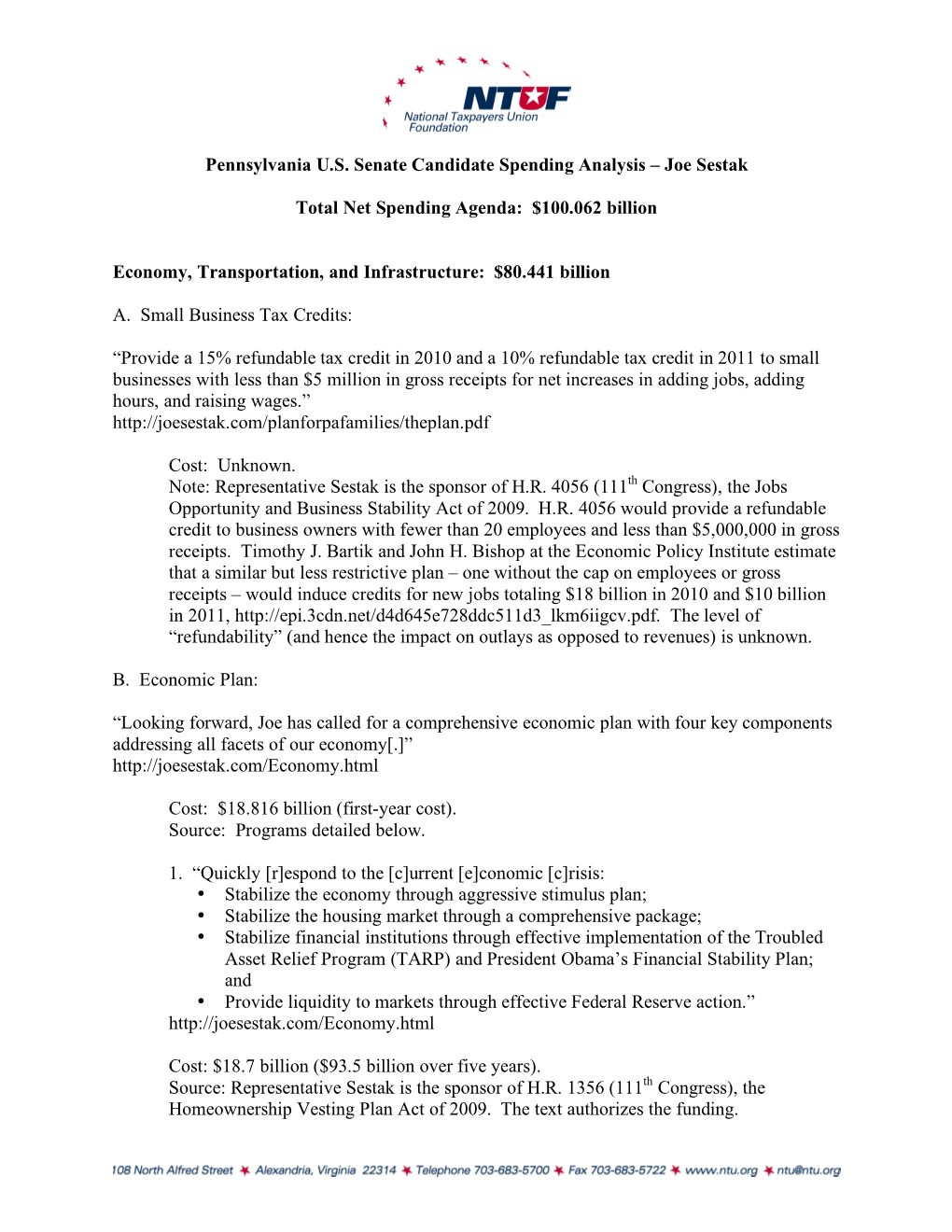 P10 10-12 NTUF PA Senate Analysis-Sestak