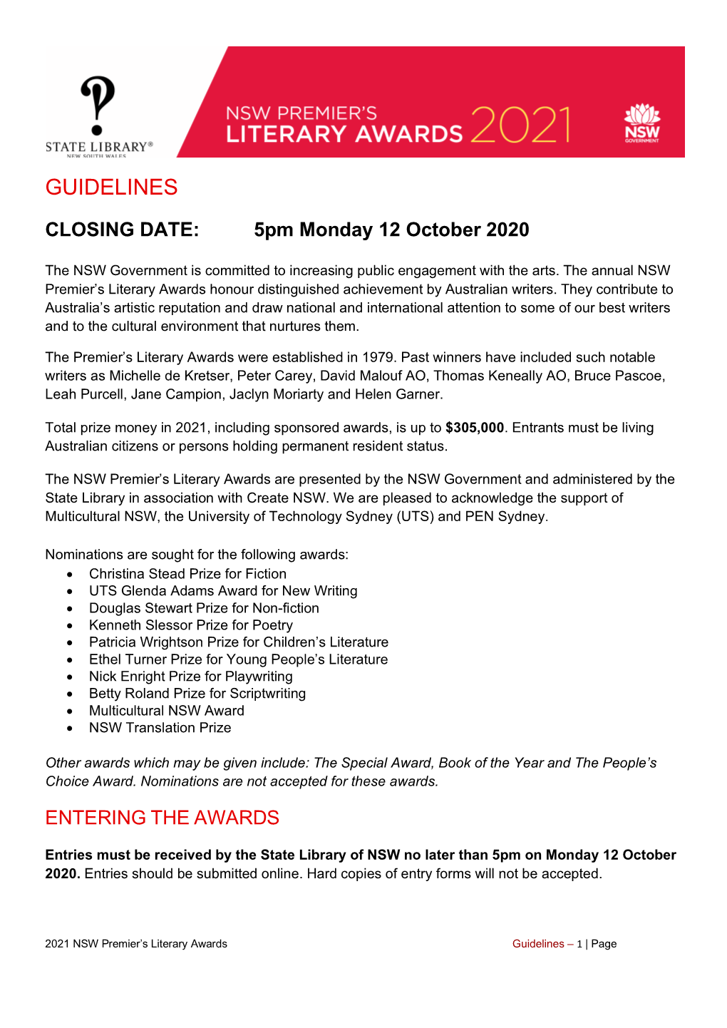 2021 NSW Premier's Literary Awards Guidelines