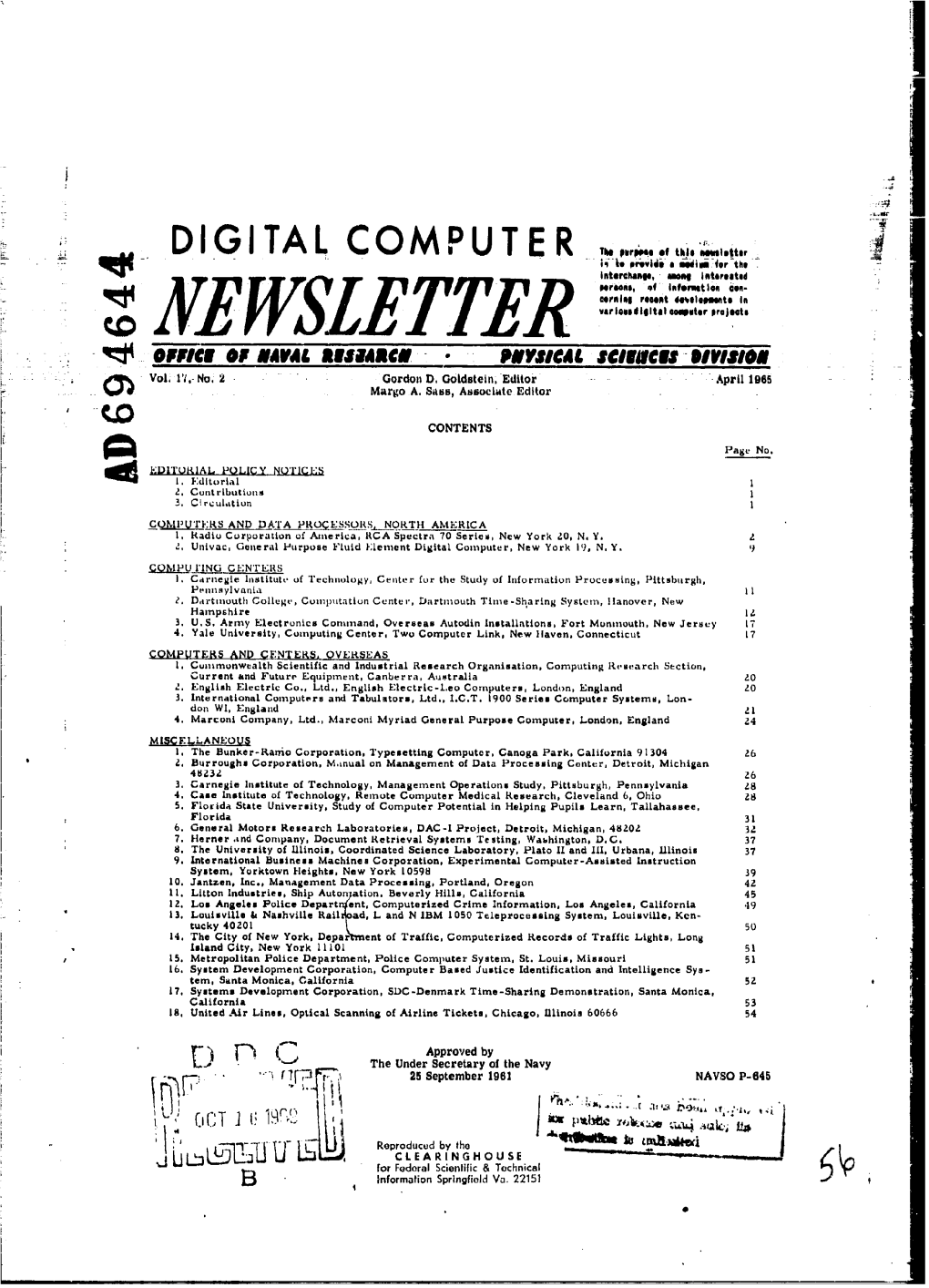 Digital Computer Newsletter. Volume 17, Number 2