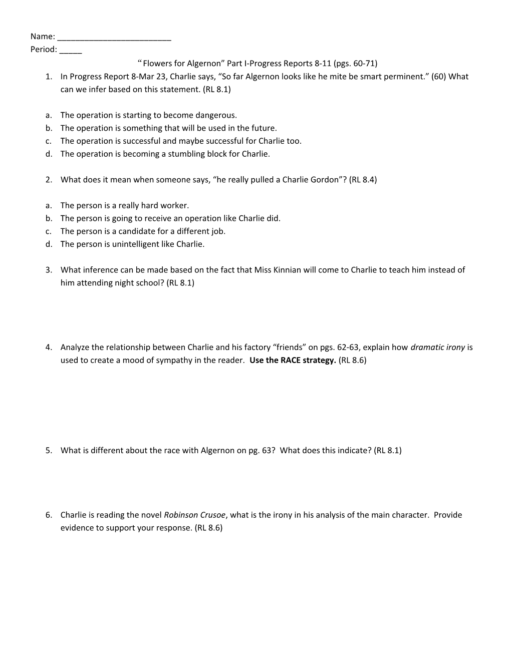 Flowers for Algernon Part I-Progress Reports 8-11 (Pgs. 60-71)