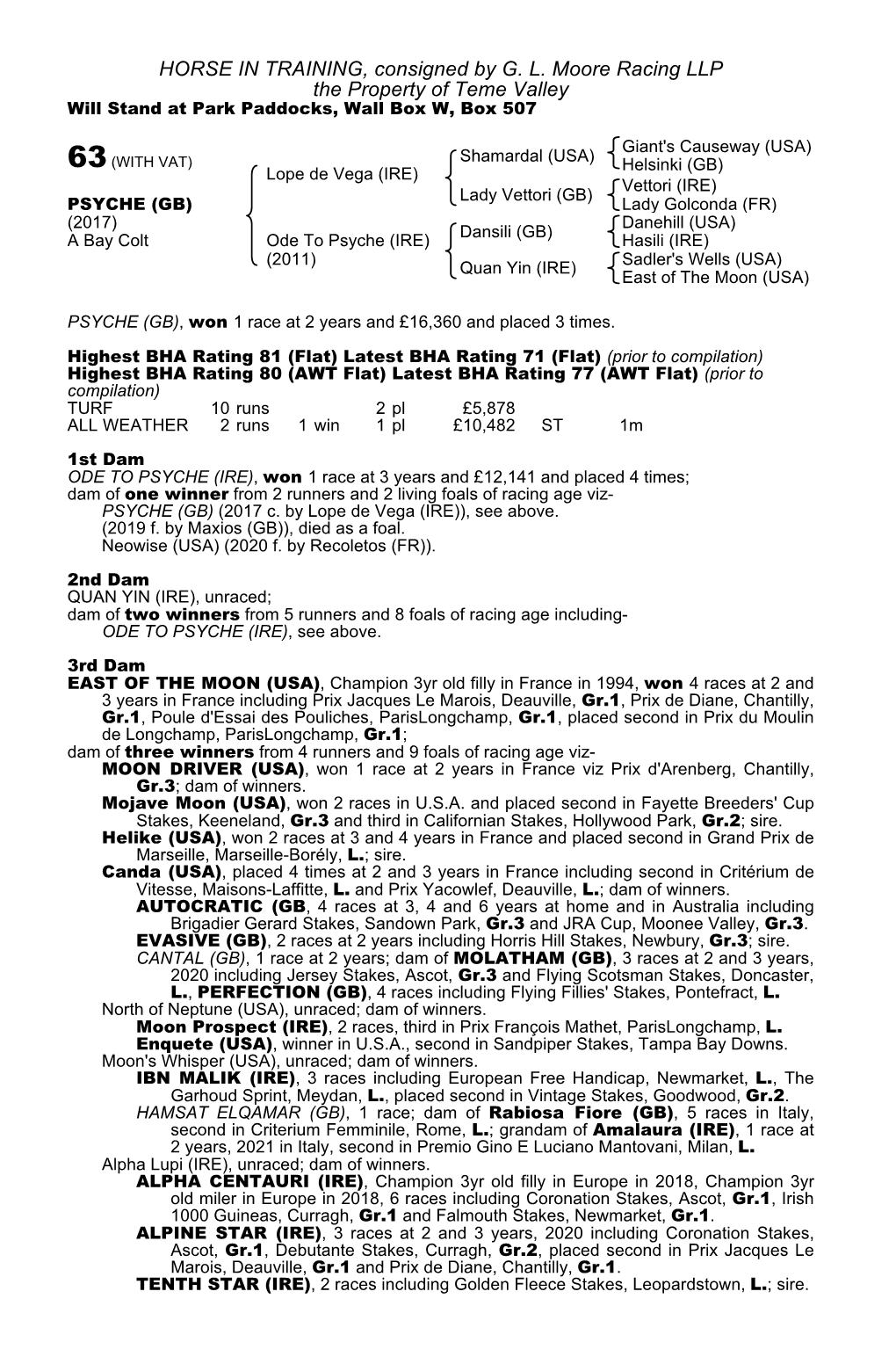 HORSE in TRAINING, Consigned by G. L. Moore Racing LLP the Property of Teme Valley Will Stand at Park Paddocks, Wall Box W, Box 507