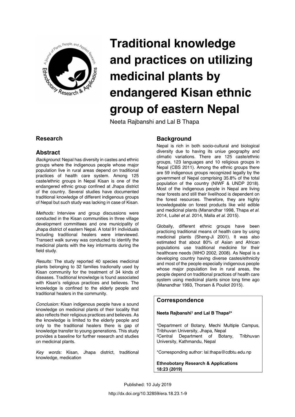 Traditional Knowledge and Practices on Utilizing Medicinal Plants by Endangered Kisan Ethnic Group of Eastern Nepal