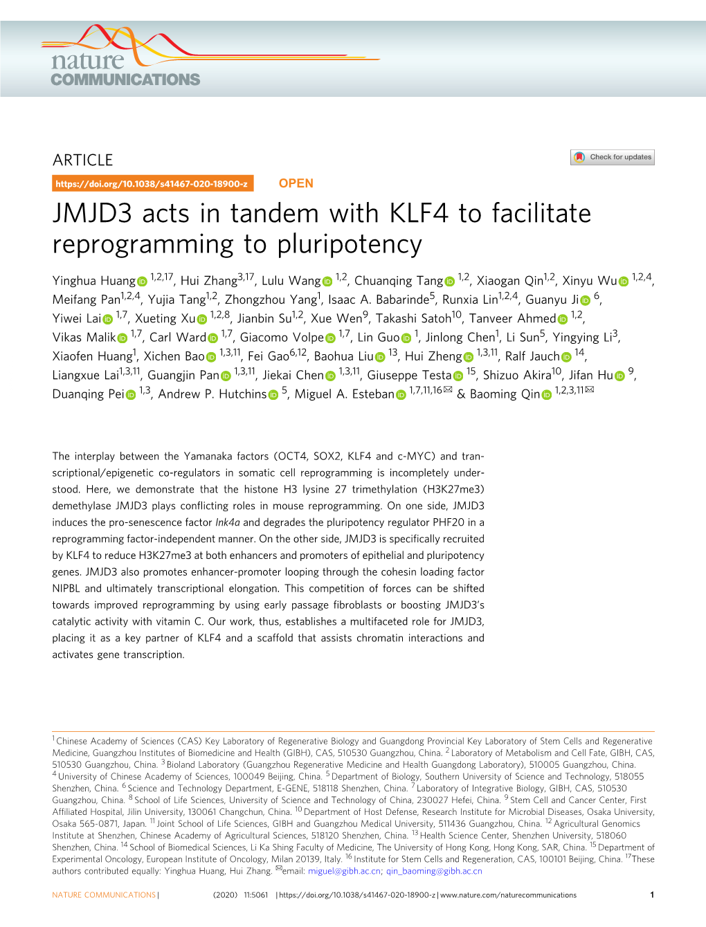 JMJD3 Acts in Tandem with KLF4 to Facilitate Reprogramming to Pluripotency