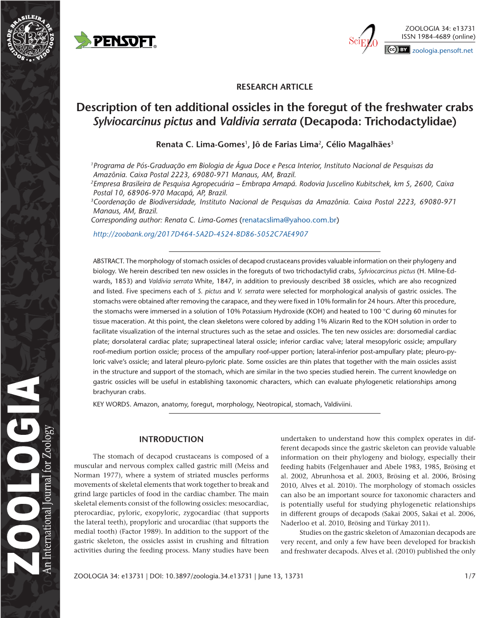 ﻿Description of Ten Additional Ossicles in the Foregut of the Freshwater