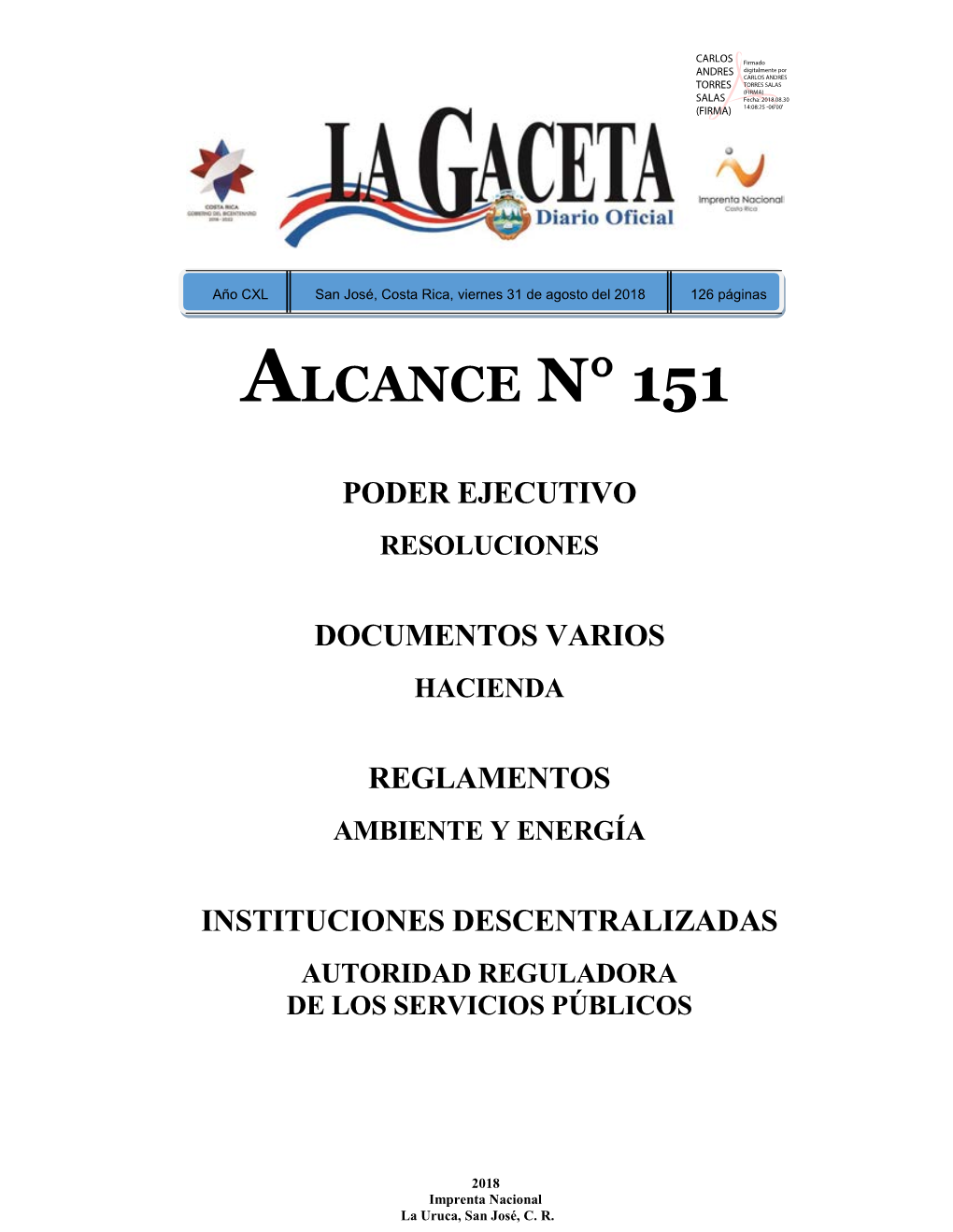 ALCANCE N° 151 a LA GACETA N° 159 De La Fecha 31 08 2018