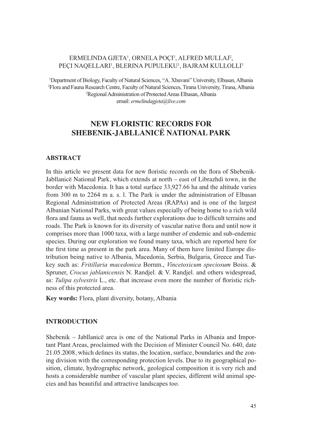 New Floristic Records for Shebenik-Jabllanicë National Park