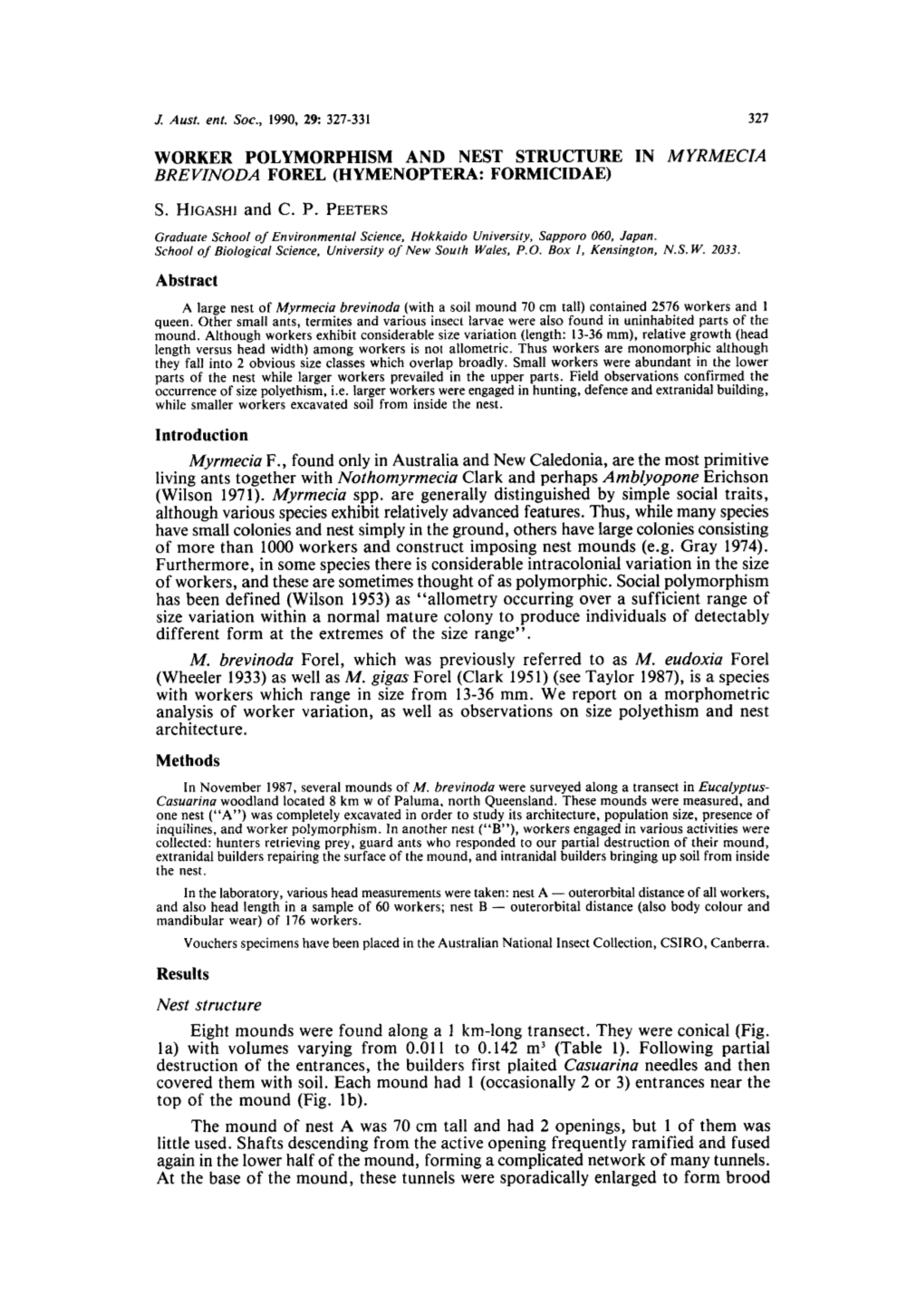 Worker Polymorphism and Nest Structure in Myrmecia Brevznoda Forel (Hymenoptera: Formicidae) S