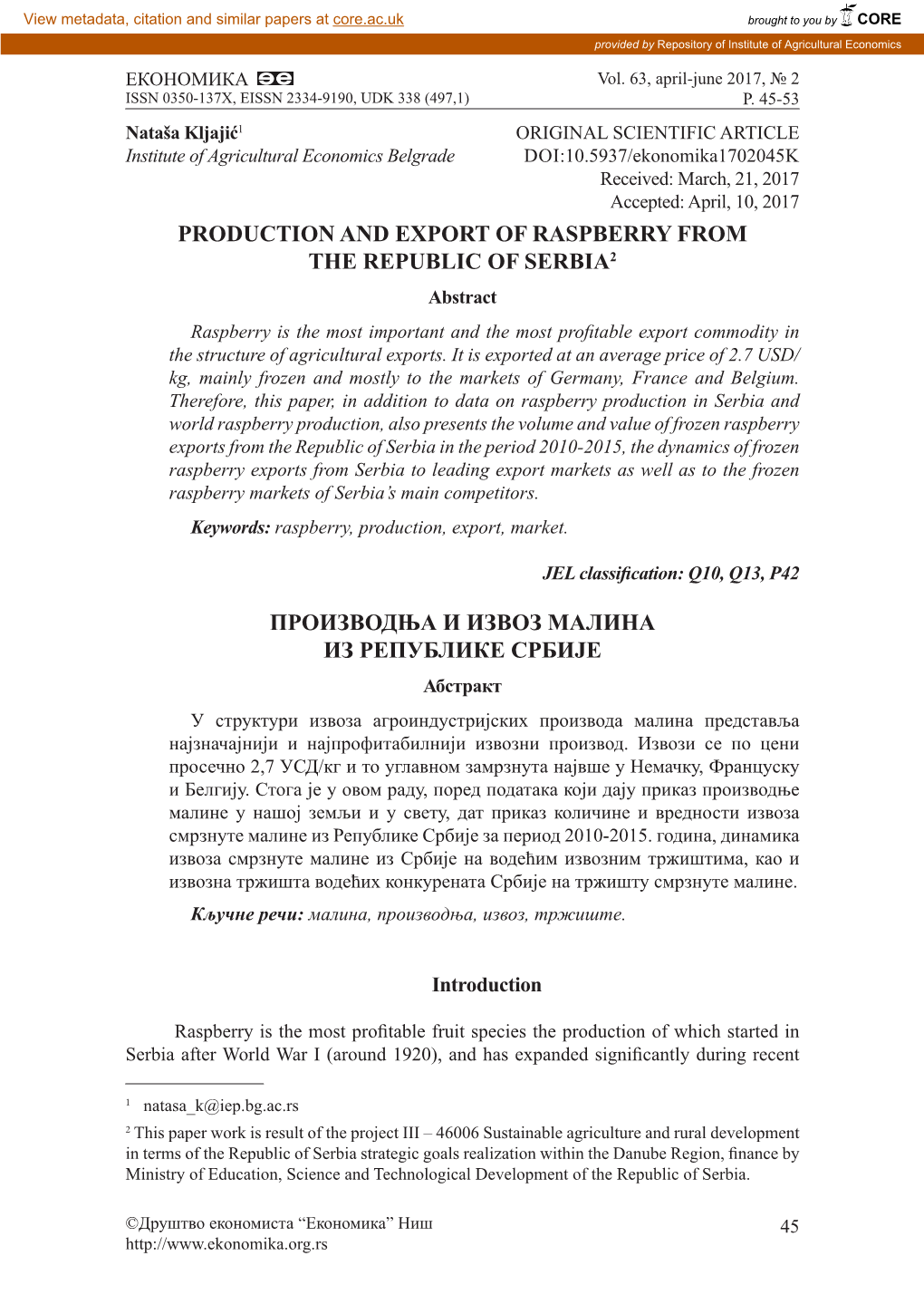 PRODUCTION and EXPORT of RASPBERRY from the Republic of Serbia2 Производња И Извоз Малина Из Репуб