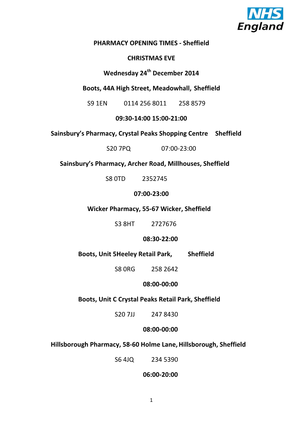 PHARMACY OPENING TIMES - Sheffield