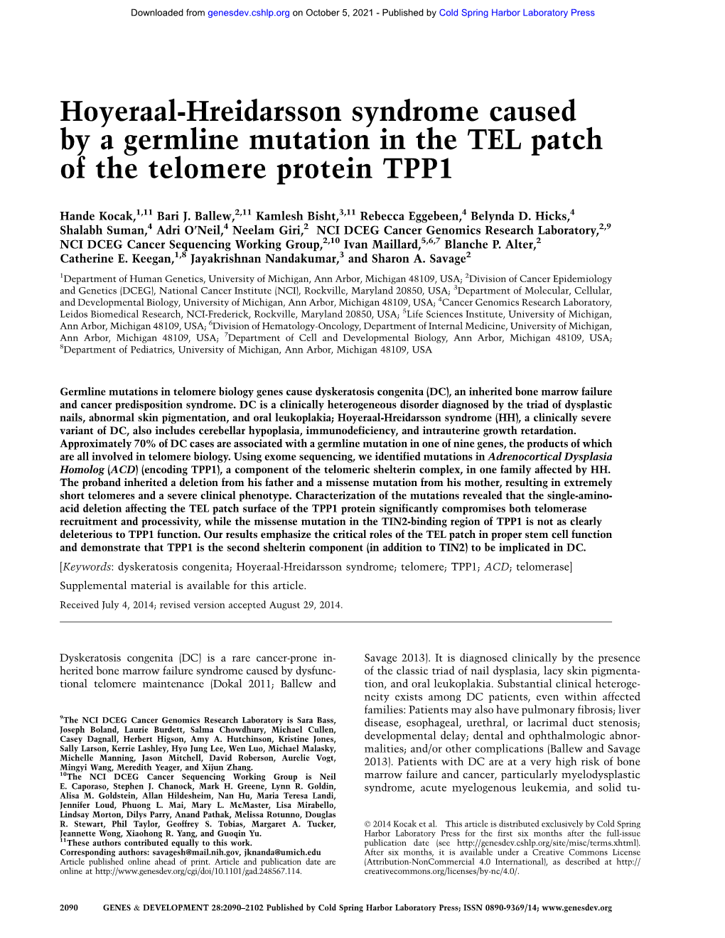 Hoyeraal-Hreidarsson Syndrome Caused by a Germline Mutation in the TEL Patch of the Telomere Protein TPP1