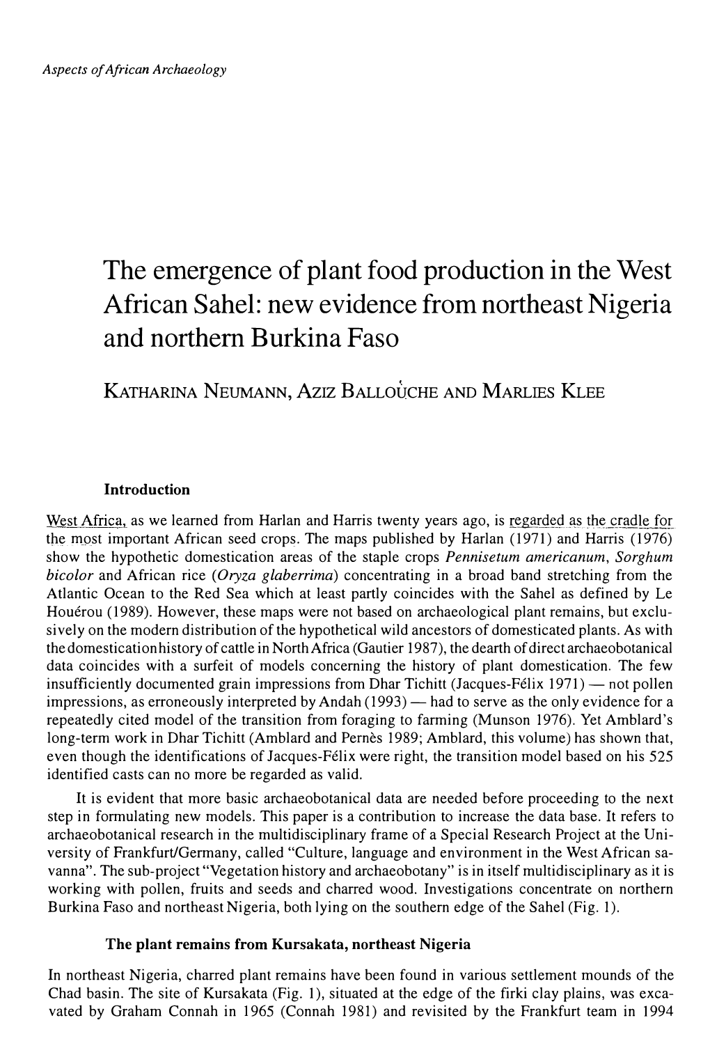 The Emergence of Plant Food Production in the West African Sahel: New Evidence from Northeast Nigeria and Northern Burkina Faso