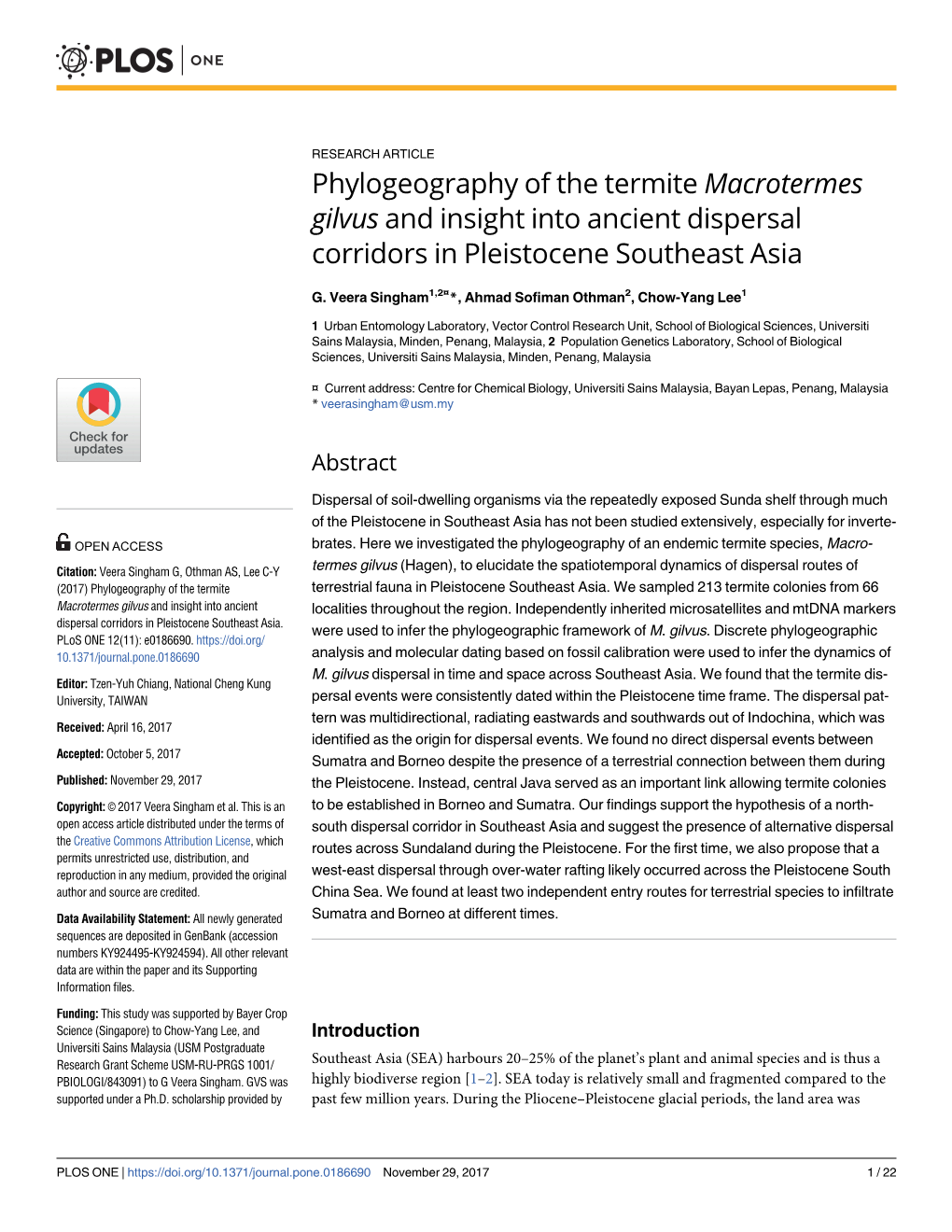 Phylogeography of the Termite Macrotermes Gilvus and Insight Into Ancient Dispersal Corridors in Pleistocene Southeast Asia