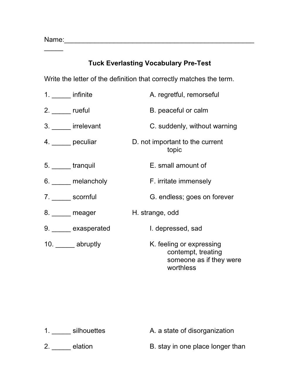 Tuck Everlasting Vocabulary Pre-Test