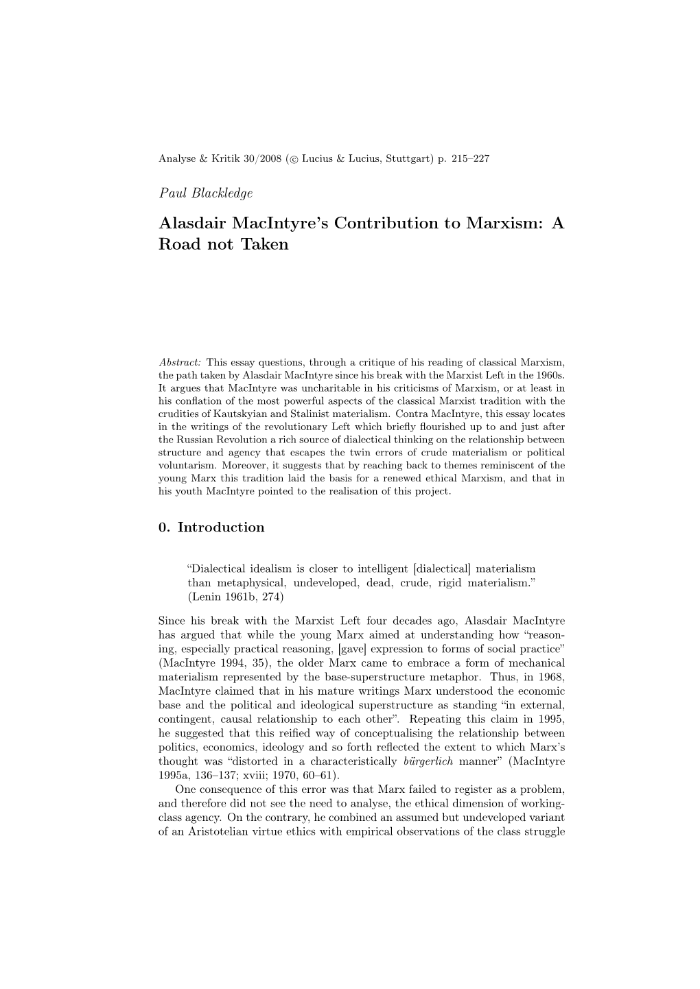 Alasdair Macintyre's Contribution to Marxism