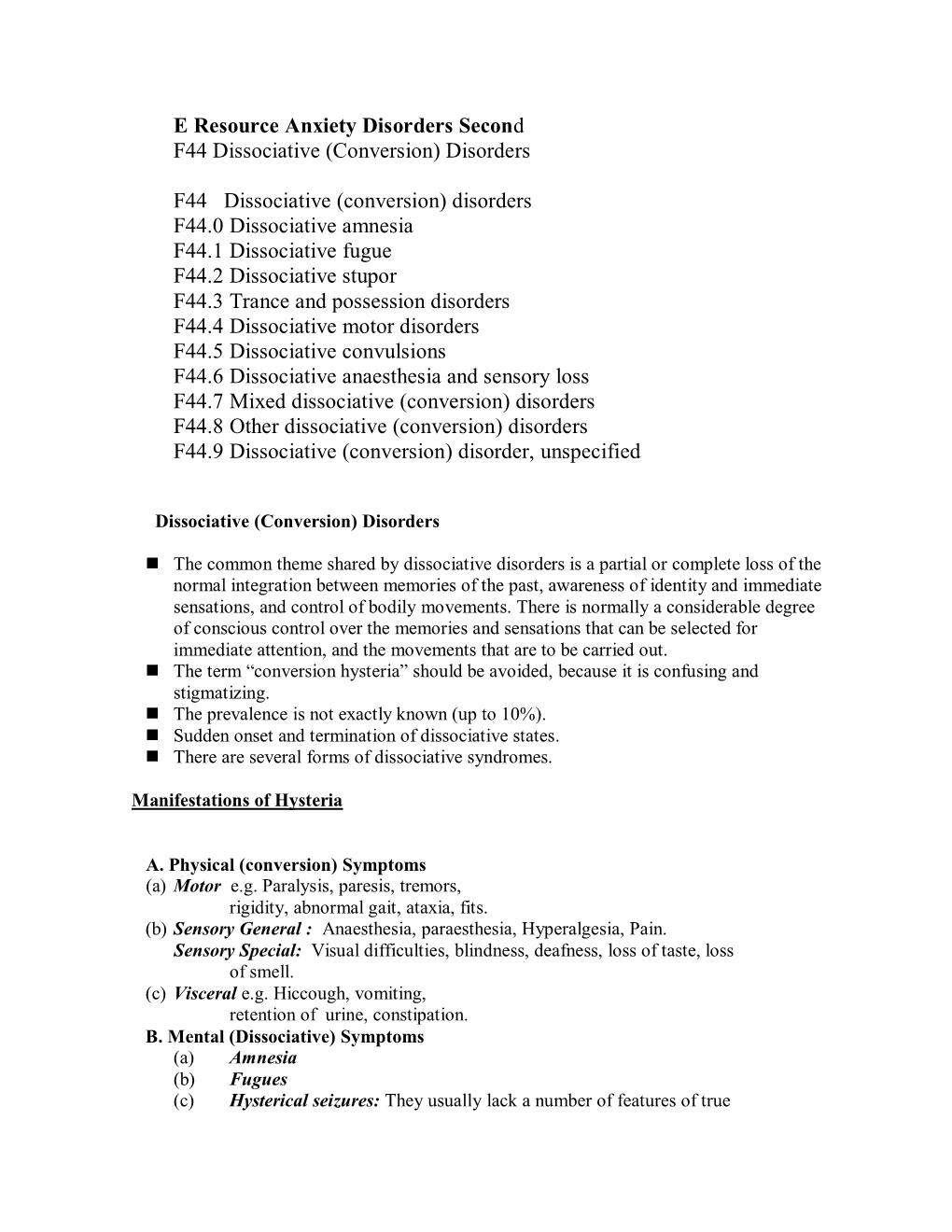 Disorders F44 Dissociative