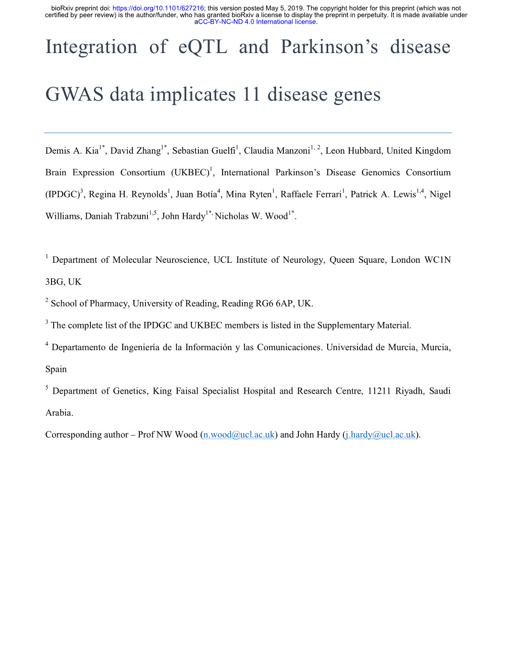 Integration of Eqtl and Parkinson's Disease GWAS Data Implicates 11