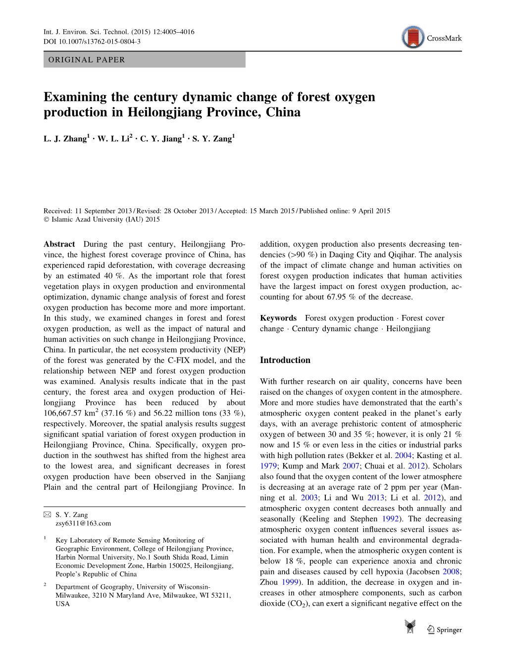 Examining the Century Dynamic Change of Forest Oxygen Production in Heilongjiang Province, China