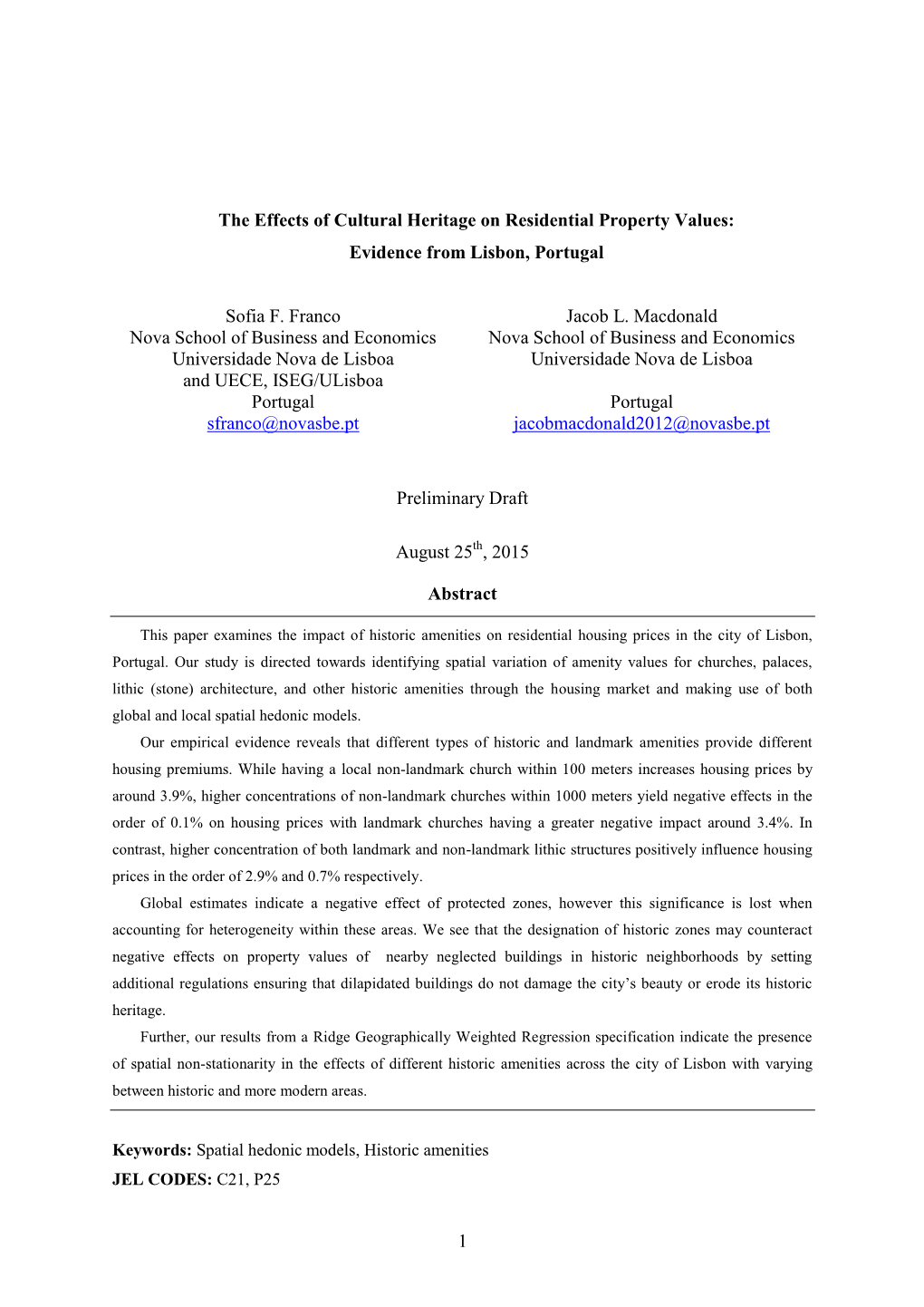 1 the Effects of Cultural Heritage on Residential Property Values