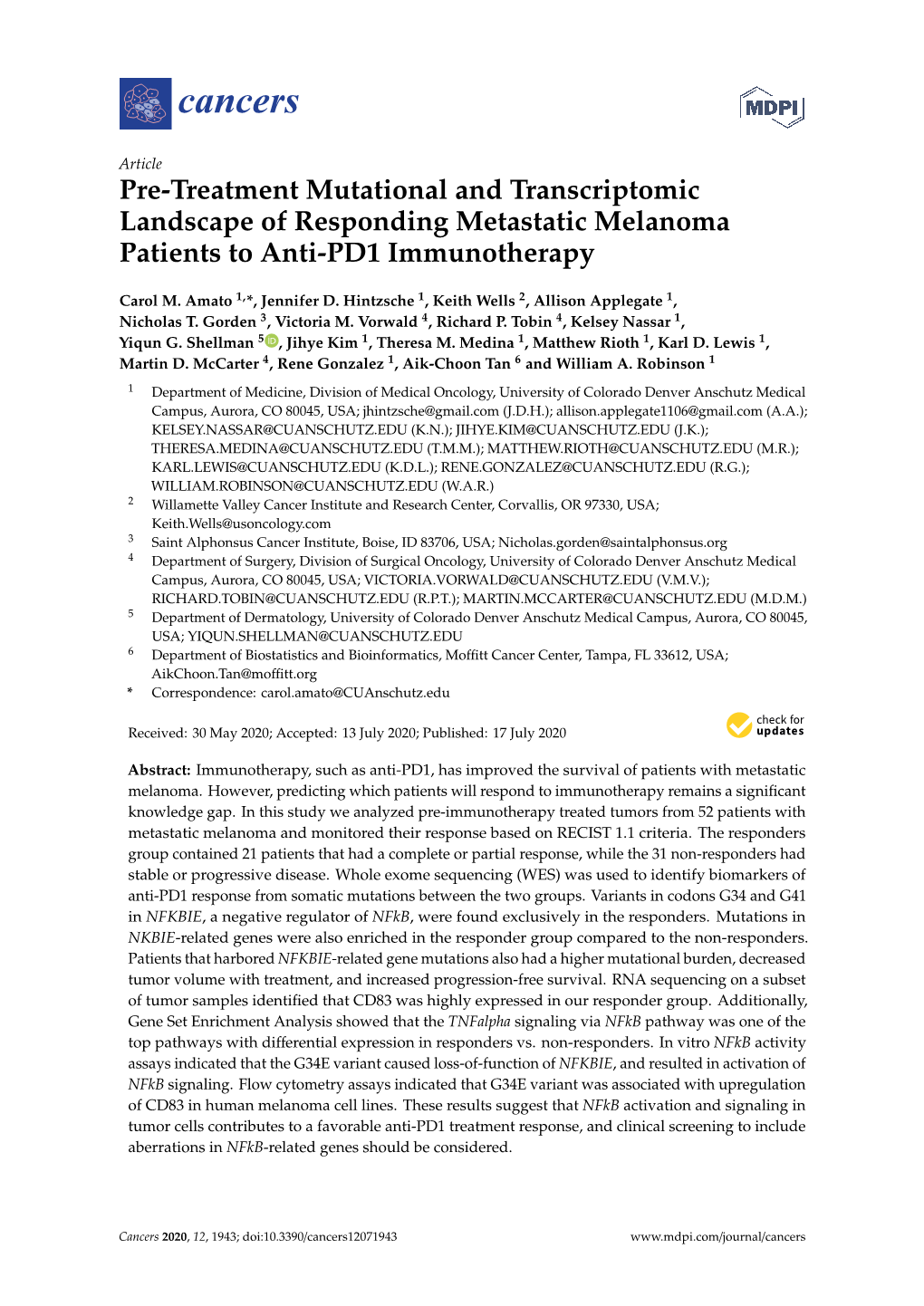 Pre-Treatment Mutational and Transcriptomic Landscape of Responding Metastatic Melanoma Patients to Anti-PD1 Immunotherapy