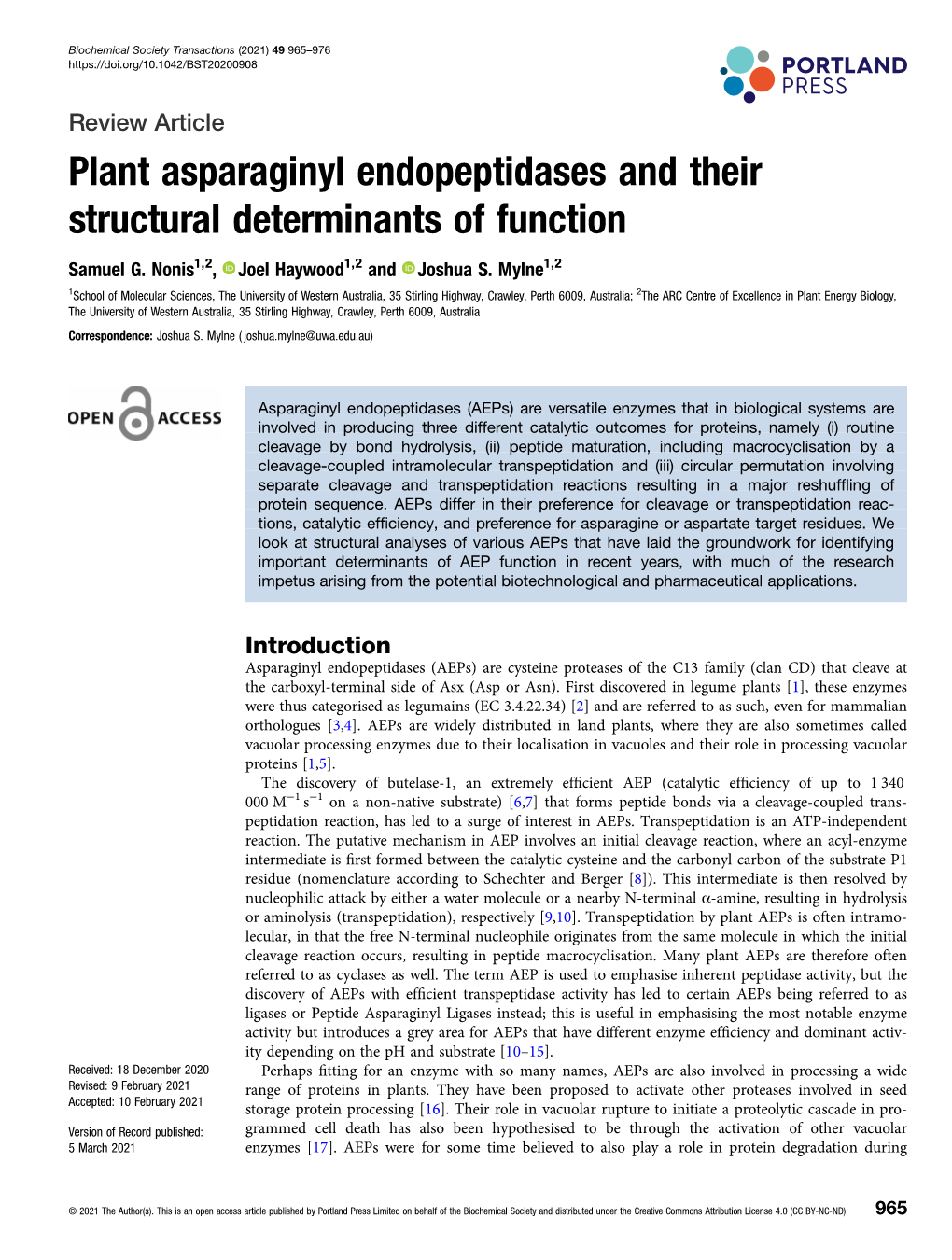 Plant Asparaginyl Endopeptidases and Their Structural Determinants of Function