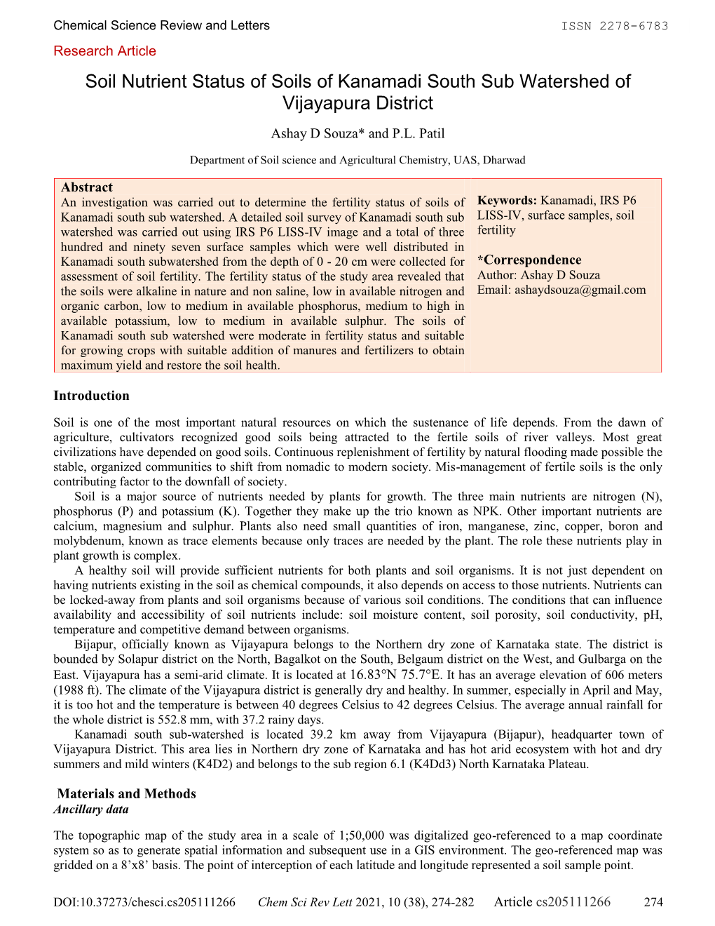 Soil Nutrient Status of Soils of Kanamadi South Sub Watershed of Vijayapura District Ashay D Souza* and P.L