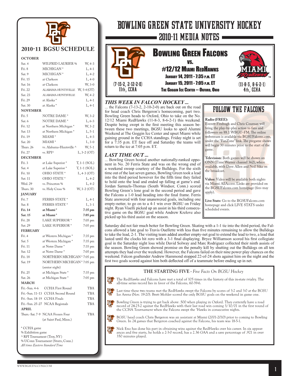 Bowling Green State University Hockey 2010-11 Media Notes