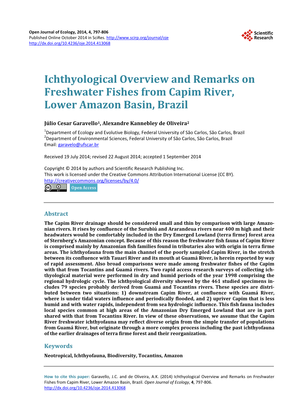 Ichthyological Overview and Remarks on Freshwater Fishes from Capim River, Lower Amazon Basin, Brazil