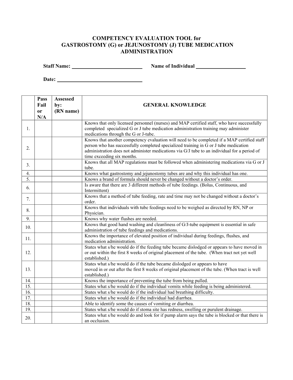 COMPETENCY EVALUATION TOOL for GASTROSTOMY (G) Or JEJUNOSTOMY (J) TUBE MEDICATION ADMINISTRATION