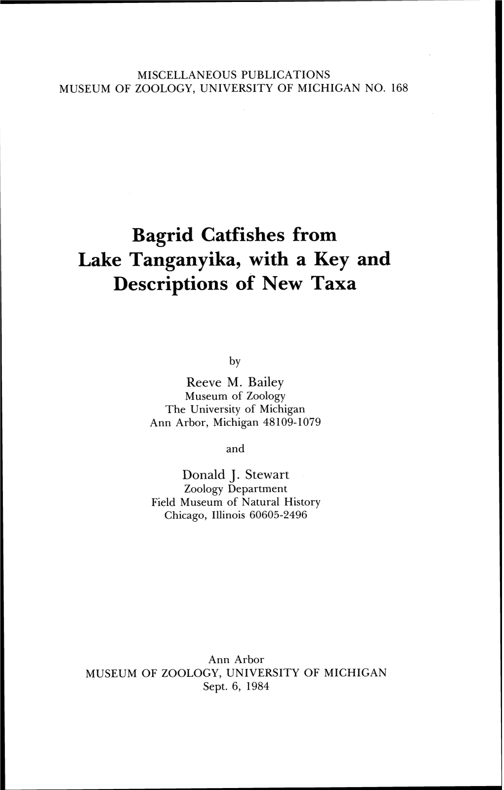 Bagrid Catfishes from Lake Tanganyika, with a Key and Descriptions of New Taxa