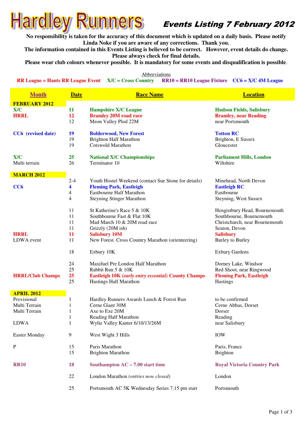 Events Listing 7 February 2012