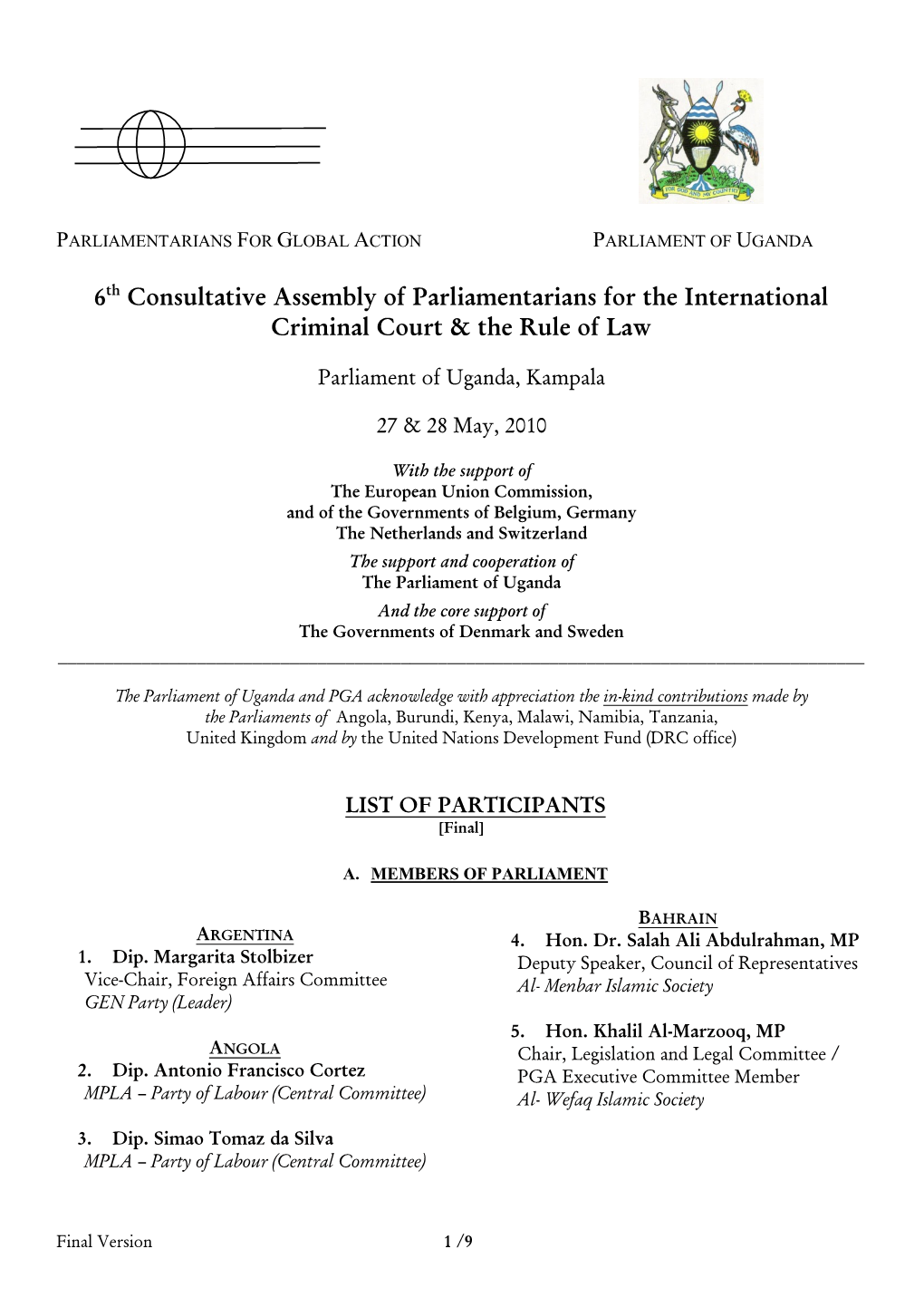 6Th Consultative Assembly of Parliamentarians for the International Criminal Court & the Rule of Law