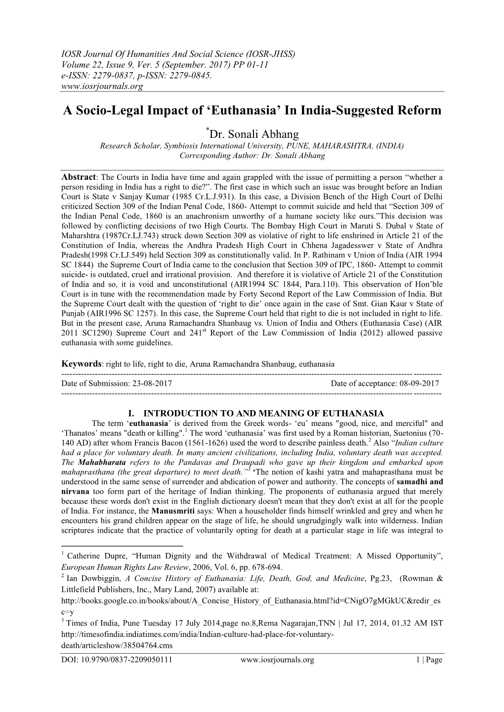 A Socio-Legal Impact of „Euthanasia‟ in India-Suggested Reform