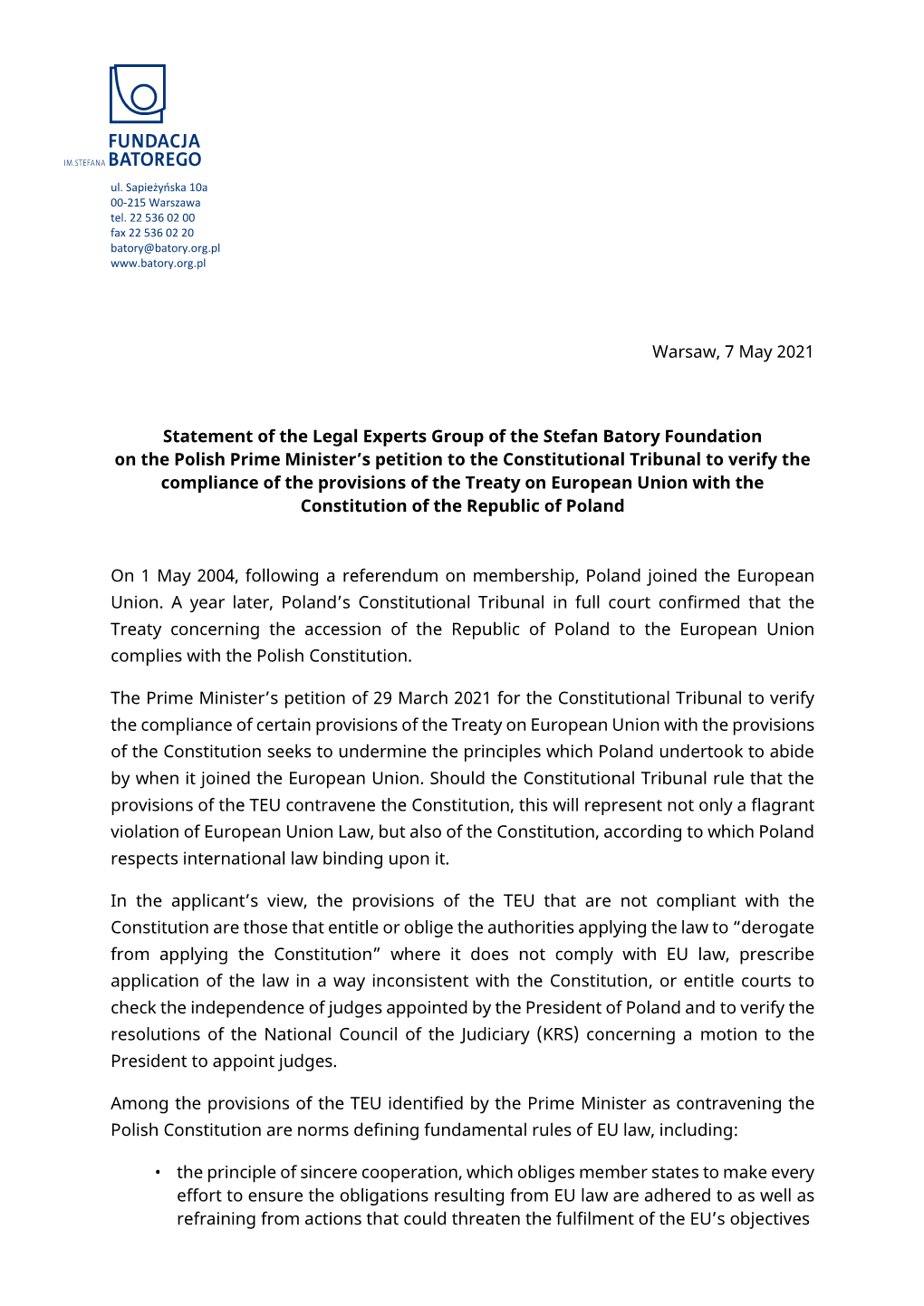 Warsaw, 7 May 2021 Statement of the Legal Experts Group of the Stefan